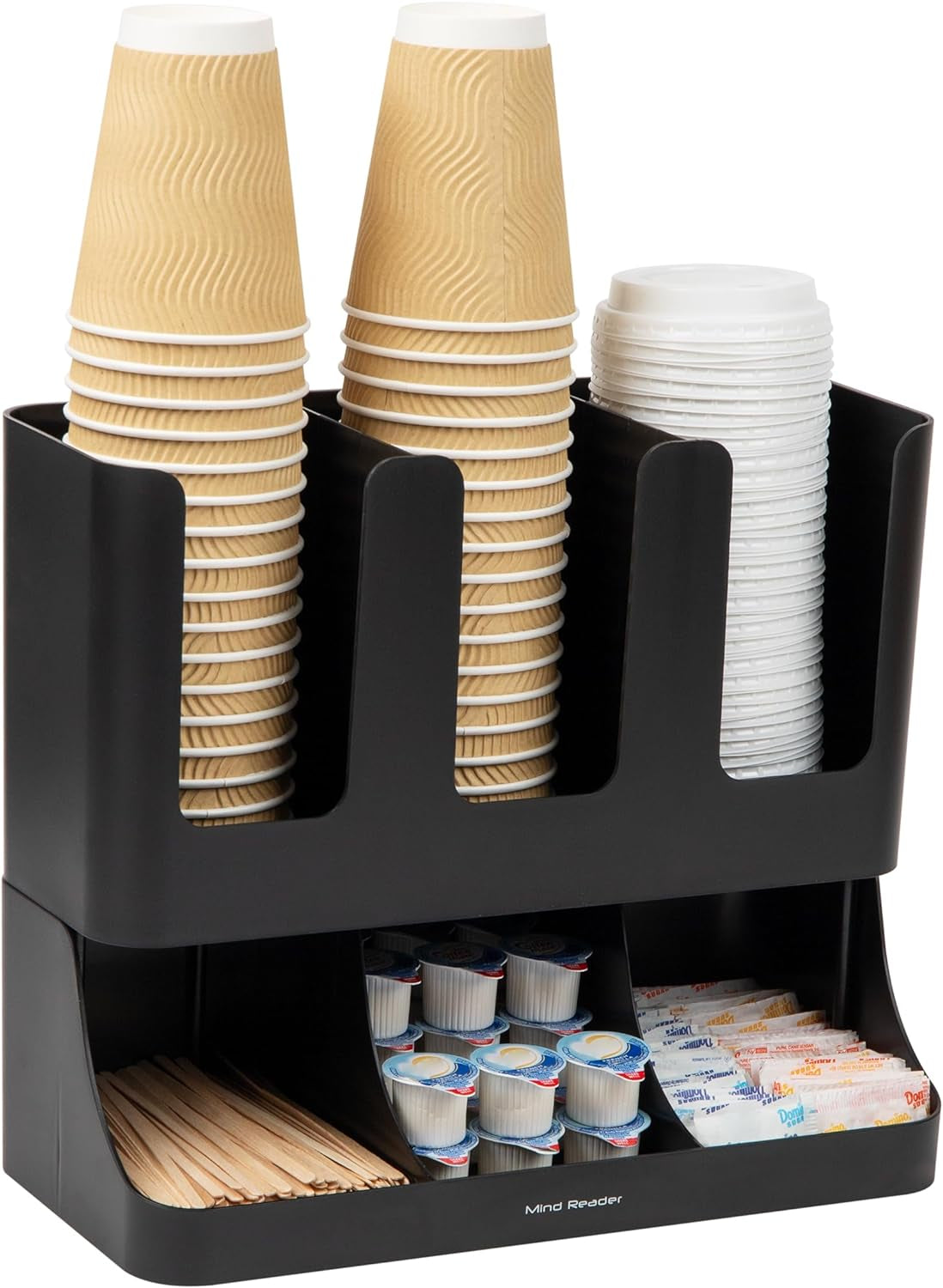 cup and condiment station, 13 inch countertop coffee bar organizer with 6 compartments, storage caddy for cups, lids and packets, plastic, black cup and condiment station, 13 inch countertop coffee bar organizer with 6 compartments, storage caddy for cups, lids and packets, plastic, black