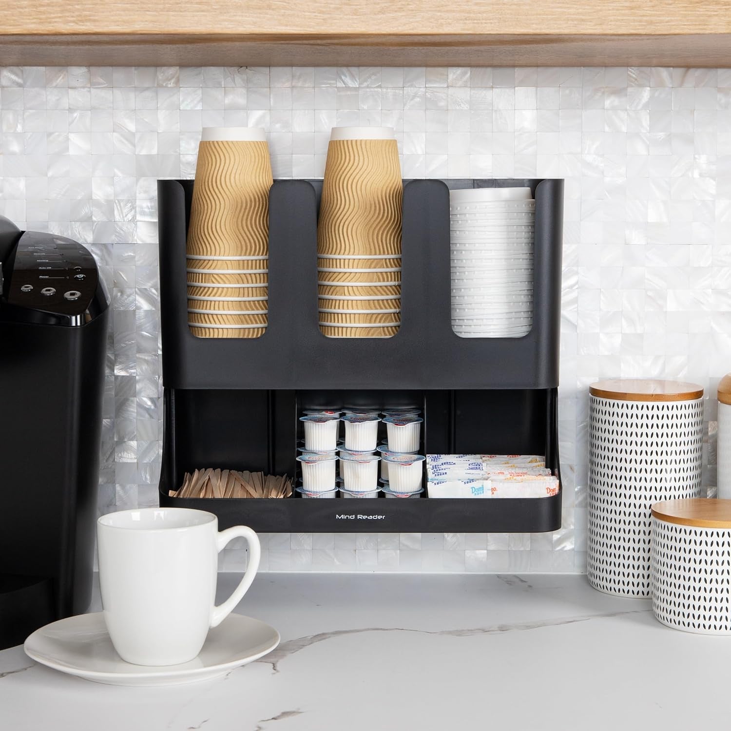 cup and condiment station, 13 inch countertop coffee bar organizer with 6 compartments, storage caddy for cups, lids and packets, plastic, black cup and condiment station, 13 inch countertop coffee bar organizer with 6 compartments, storage caddy for cups, lids and packets, plastic, black