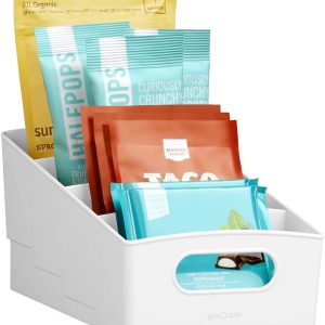 3 packet and snack shelfbin tiered packet & snack bin organizer for kitchen cabinet pantry, small, white