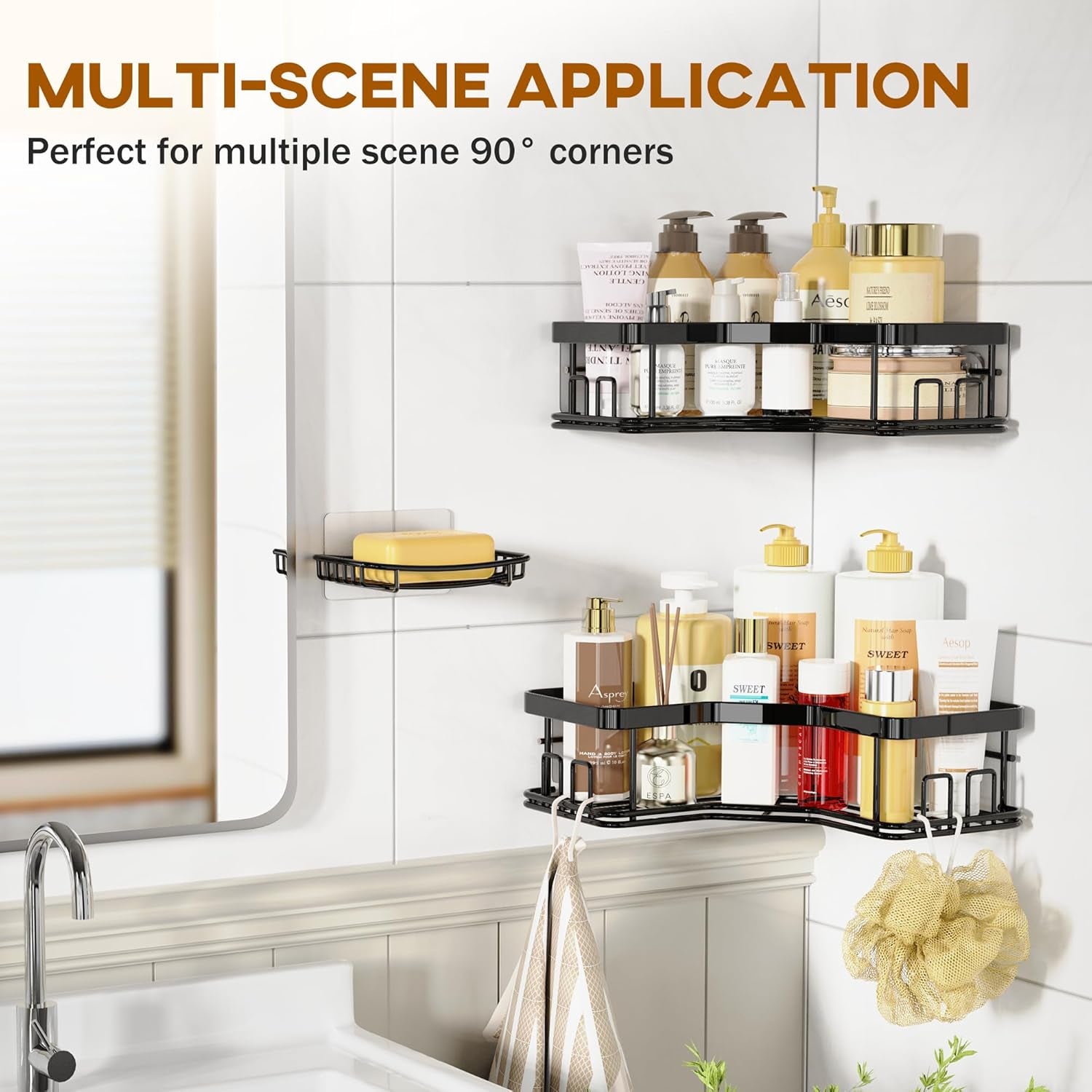 3 pack corner shower caddy with soap holder, large capacity sturdy easy install no drilling stainless steel hold 40 lbs shower organizer shelves rack storage for family renters bathroom, black 3 pack corner shower caddy with soap holder, large capacity sturdy easy install no drilling stainless steel hold 40 lbs shower organizer shelves rack storage for family renters bathroom, black