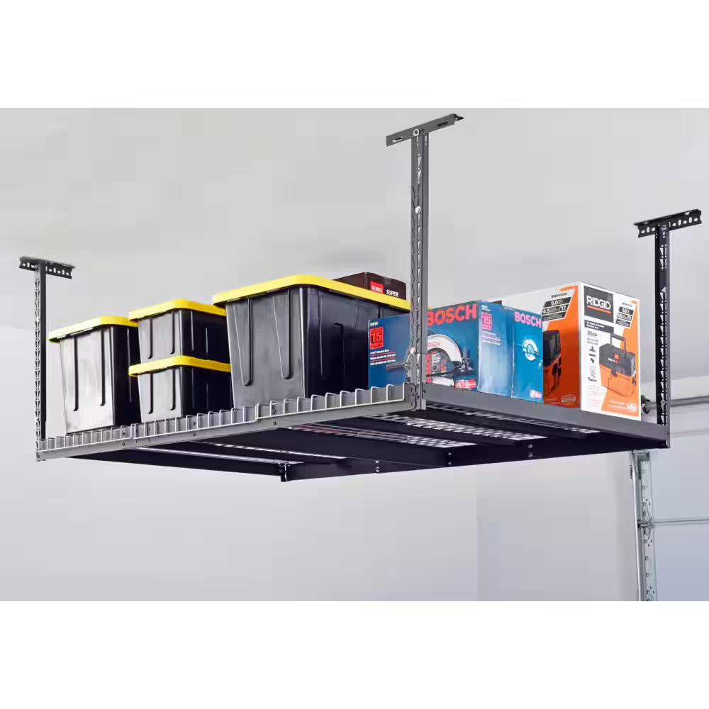 97.5 in. w x 43.75 in. h x 32 in. d adjustable height metal heavy duty overhead garage storage rack in black 97.5 in. w x 43.75 in. h x 32 in. d adjustable height metal heavy duty overhead garage storage rack in black