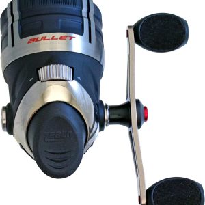 bullet spincast fishing reel, size 30 reel, fast 29.6 inches per turn, gripem all weather handle knobs, pre spooled with 10 pound fishing line, black (2017)