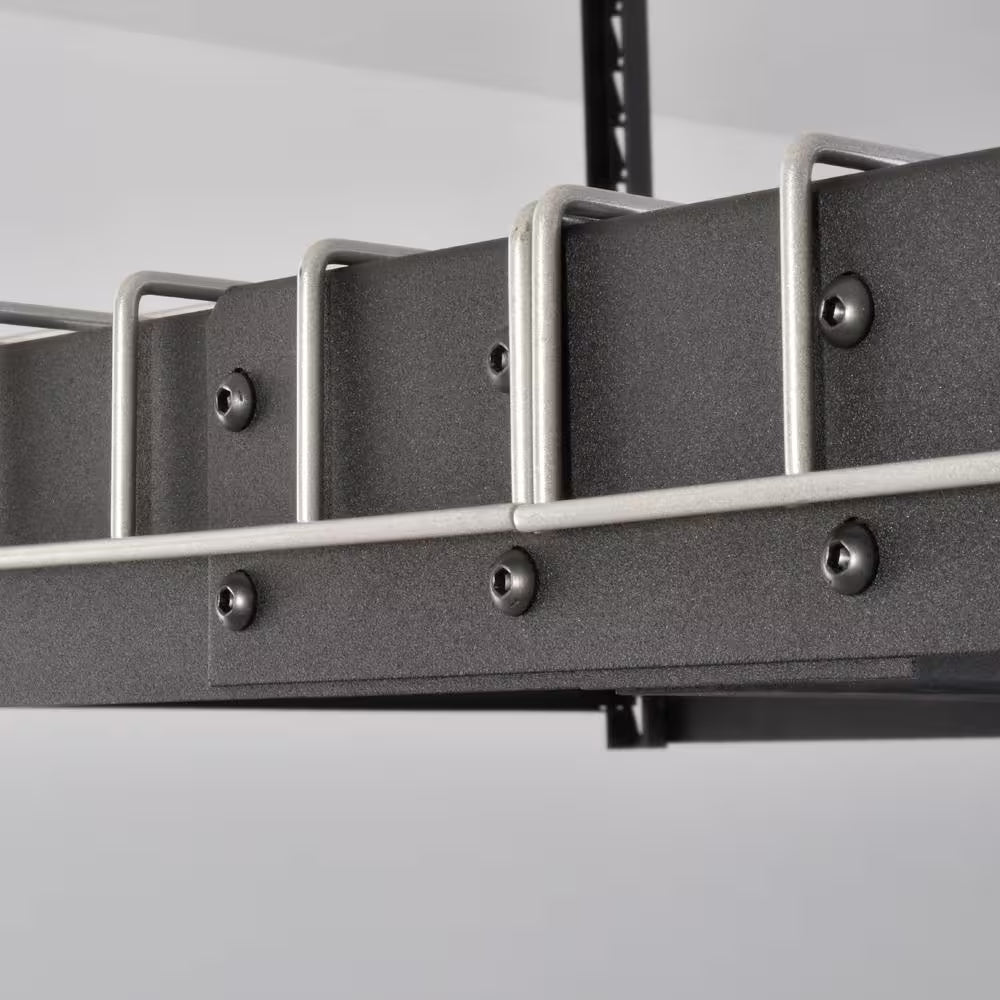 97.5 in. w x 43.75 in. h x 32 in. d adjustable height metal heavy duty overhead garage storage rack in black 97.5 in. w x 43.75 in. h x 32 in. d adjustable height metal heavy duty overhead garage storage rack in black