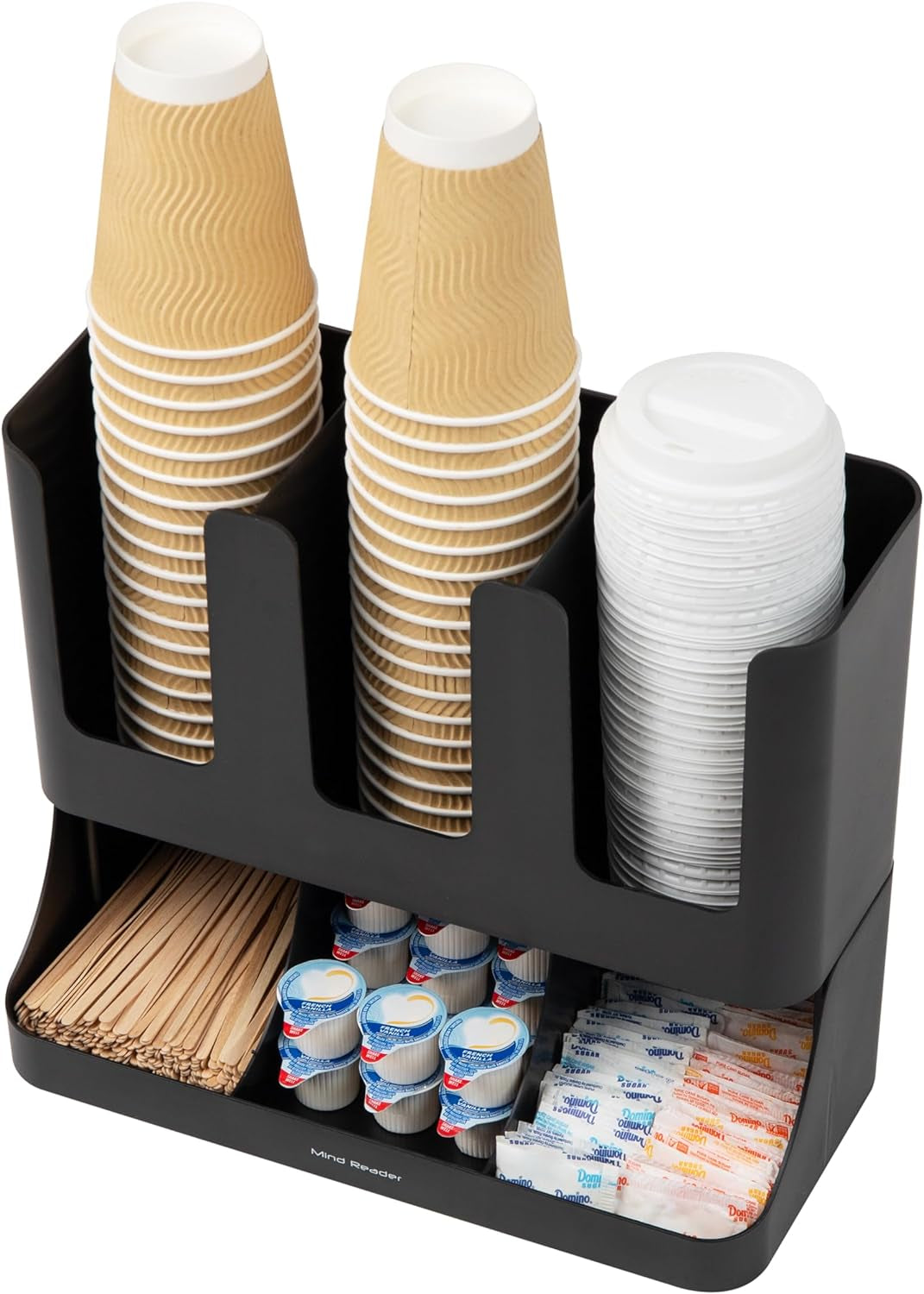 cup and condiment station, 13 inch countertop coffee bar organizer with 6 compartments, storage caddy for cups, lids and packets, plastic, black cup and condiment station, 13 inch countertop coffee bar organizer with 6 compartments, storage caddy for cups, lids and packets, plastic, black