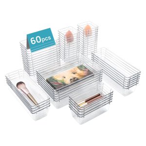60 pcs drawer organizer, 4 size clear plastic bins containers, for bathroom and vanity storage