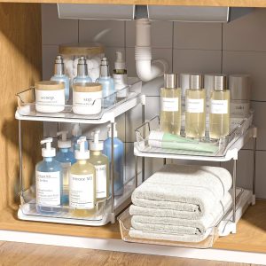 2 pack set under sink organizers and storage, 2 tier sliding bathroom sink organizer, multi use under kitchen cabinet storage shelf (s&l), transparent