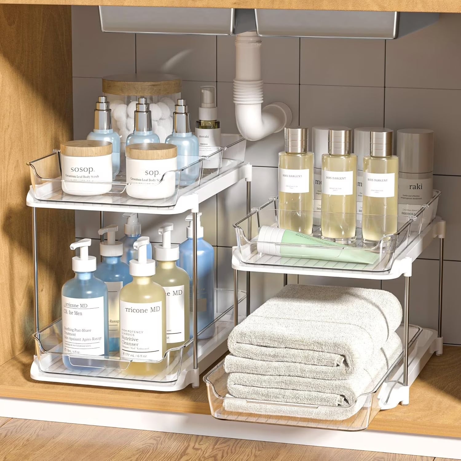 2 pack set under sink organizers and storage, 2 tier sliding bathroom sink organizer, multi use under kitchen cabinet storage shelf (s&l), transparent 2 pack set under sink organizers and storage, 2 tier sliding bathroom sink organizer, multi use under kitchen cabinet storage shelf (s&l), transparent