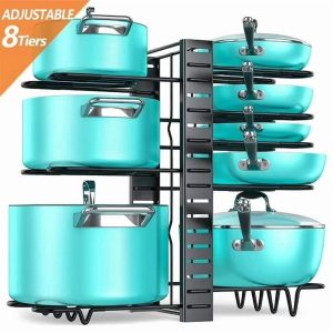 adjustable 8 tier pots and pans organizer rack with heavy duty metal construction and anti slip silicone pads for kitchen cabinet storage solutions