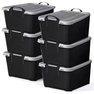 55 qt stackable home organization lidded storage container in black, (6 pack)