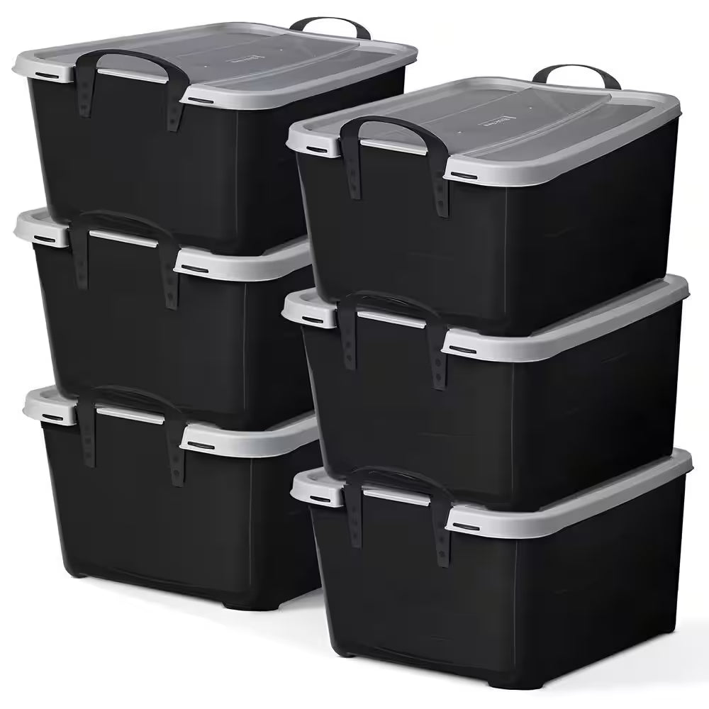 55 qt stackable home organization lidded storage container in black, (6 pack) 55 qt stackable home organization lidded storage container in black, (6 pack)