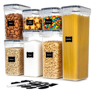 airtight food storage containers set, bpa free 7pcs plastic kitchen and pantry organization canisters, black
