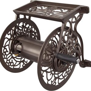 704 decorative cast aluminum wall mount garden hose reel, holds 125 feet of 5/8 inch hose bronze
