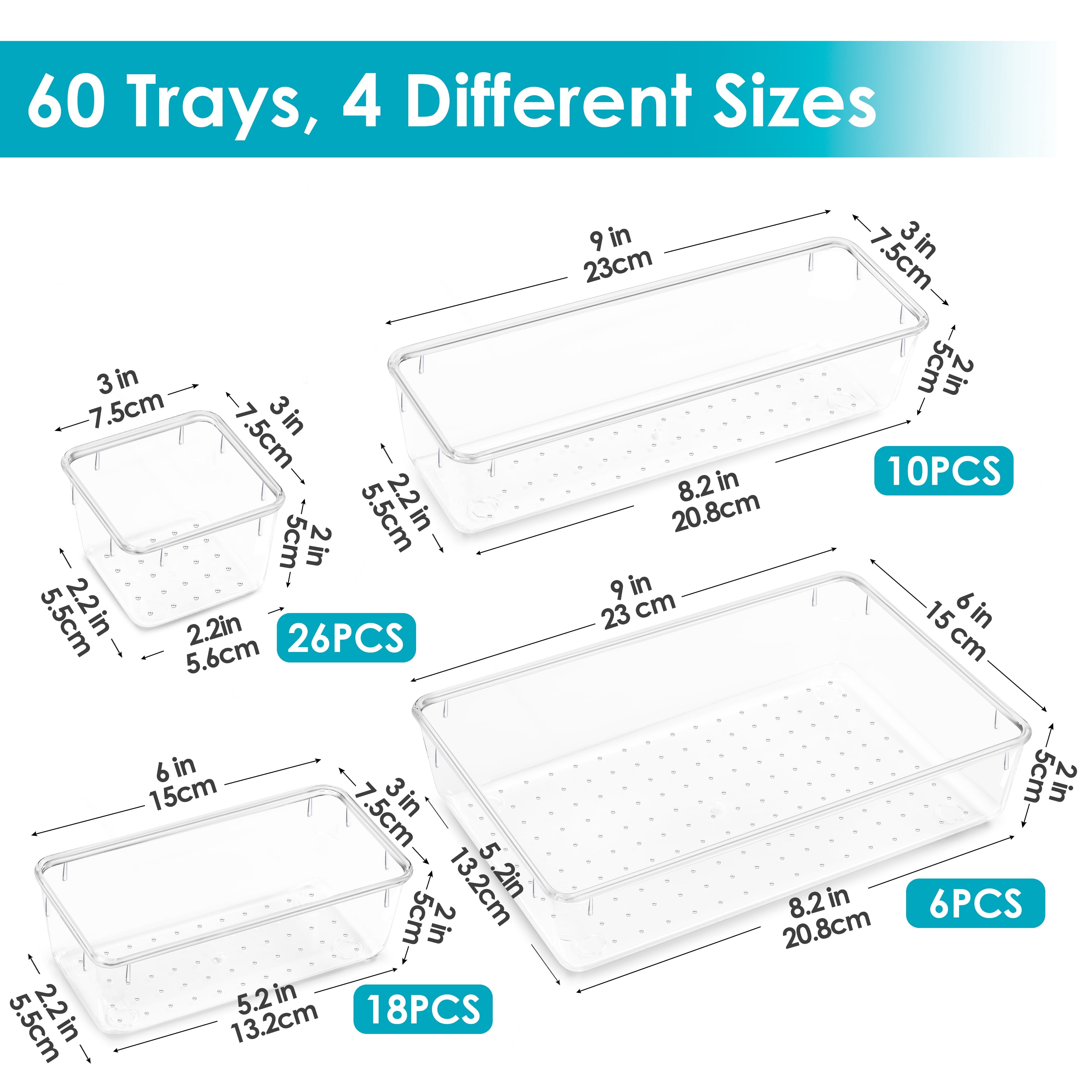60 pcs drawer organizer, 4 size clear plastic bins containers, for bathroom and vanity storage 60 pcs drawer organizer, 4 size clear plastic bins containers, for bathroom and vanity storage