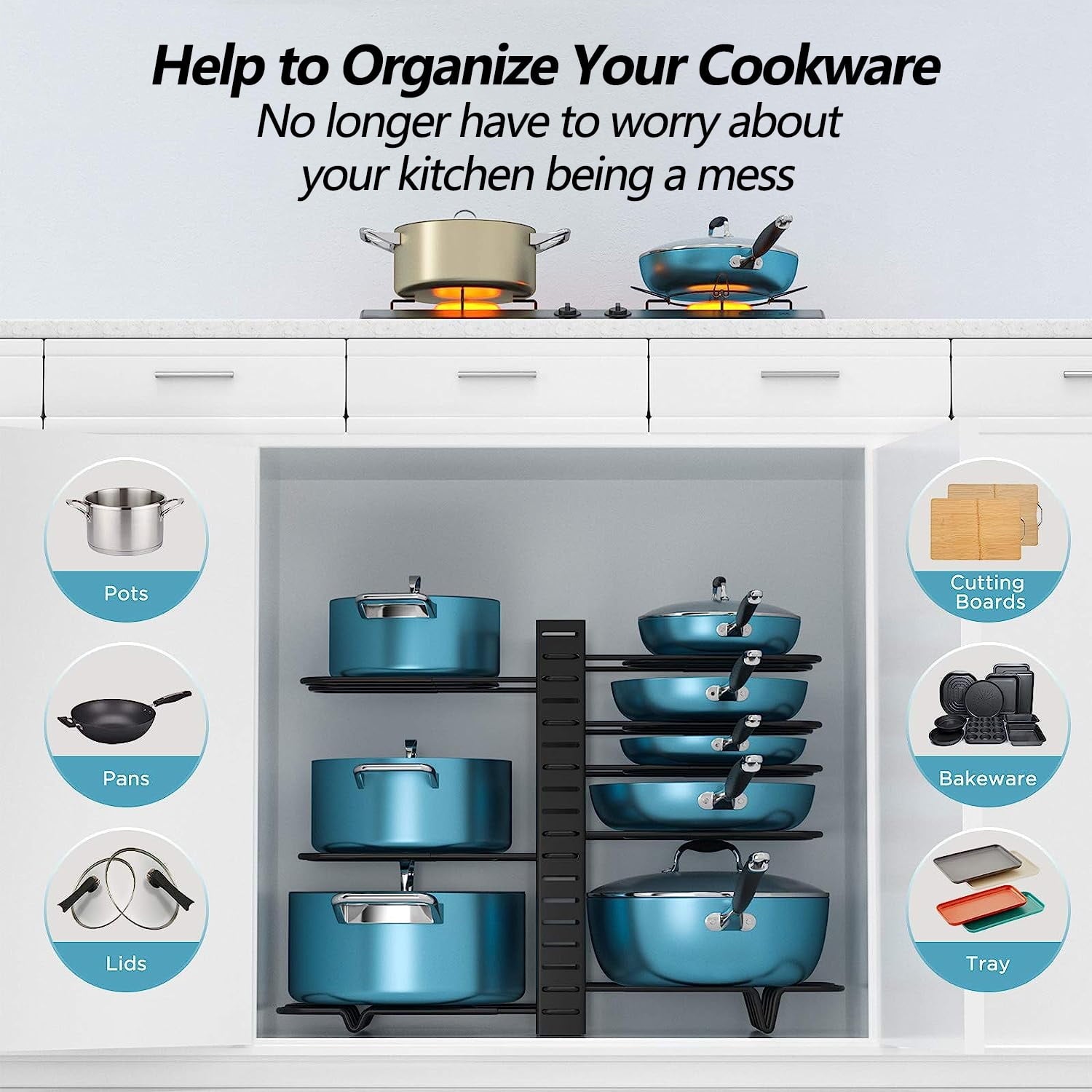 adjustable 8 tier pots and pans organizer rack with heavy duty metal construction and anti slip silicone pads for kitchen cabinet storage solutions adjustable 8 tier pots and pans organizer rack with heavy duty metal construction and anti slip silicone pads for kitchen cabinet storage solutions