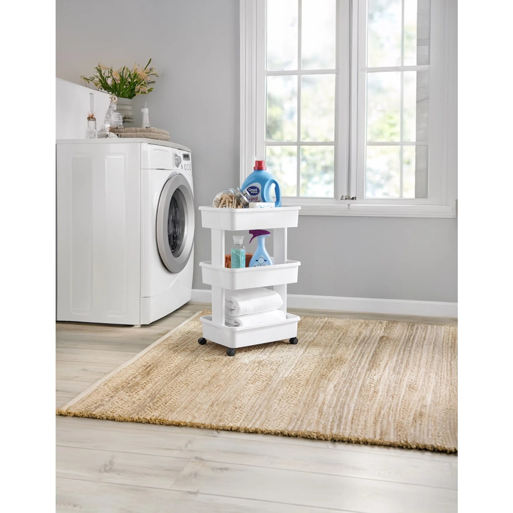 3 tier plastic rolling laundry cart, arctic white 3 tier plastic rolling laundry cart, arctic white