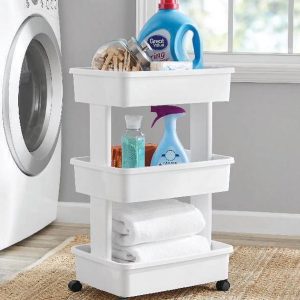 3 tier plastic rolling laundry cart, arctic white