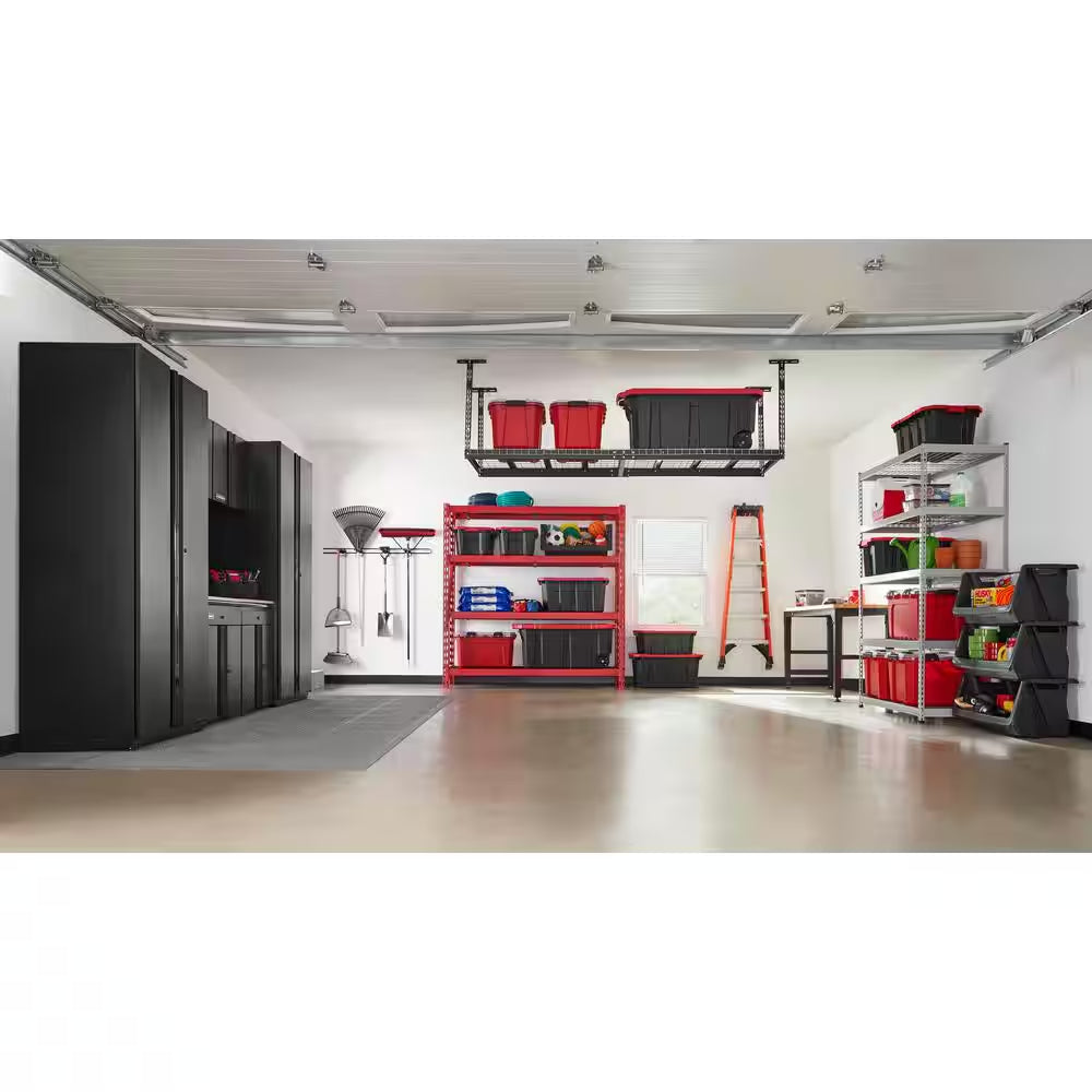 97.5 in. w x 43.75 in. h x 32 in. d adjustable height metal heavy duty overhead garage storage rack in black 97.5 in. w x 43.75 in. h x 32 in. d adjustable height metal heavy duty overhead garage storage rack in black