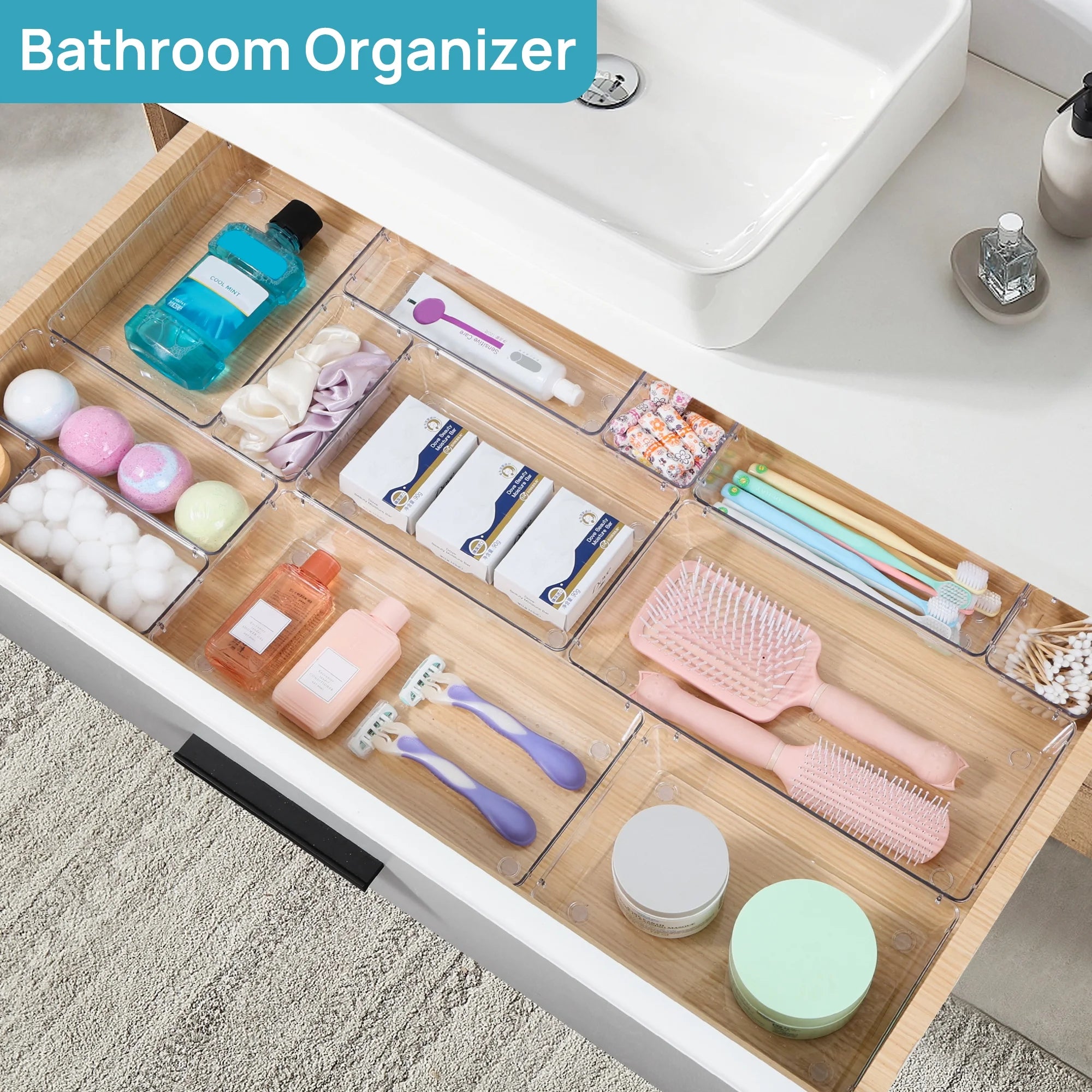 60 pcs drawer organizer, 4 size clear plastic bins containers, for bathroom and vanity storage 60 pcs drawer organizer, 4 size clear plastic bins containers, for bathroom and vanity storage