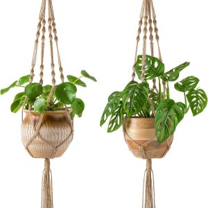 2 pack macrame plant hangers indoor hanging planter basket decorative flower pot holder jute rope for indoor outdoor home decor 4 legs 40 inch, brown