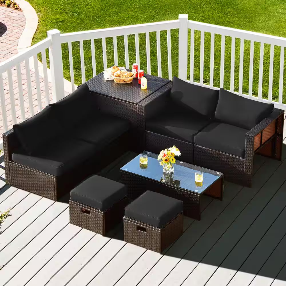8 piece patio rattan pe wicker conversation set all weather furniture set with cushions black 8 piece patio rattan pe wicker conversation set all weather furniture set with cushions black