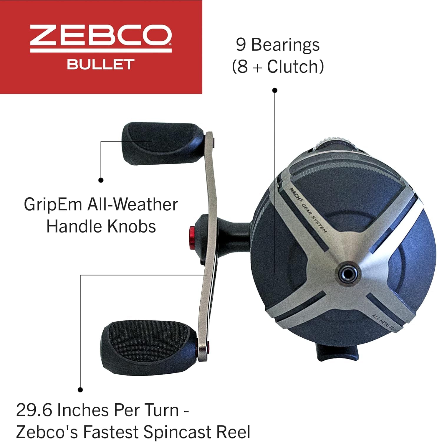 bullet spincast fishing reel, size 30 reel, fast 29.6 inches per turn, gripem all weather handle knobs, pre spooled with 10 pound fishing line, black (2017) bullet spincast fishing reel, size 30 reel, fast 29.6 inches per turn, gripem all weather handle knobs, pre spooled with 10 pound fishing line, black (2017)