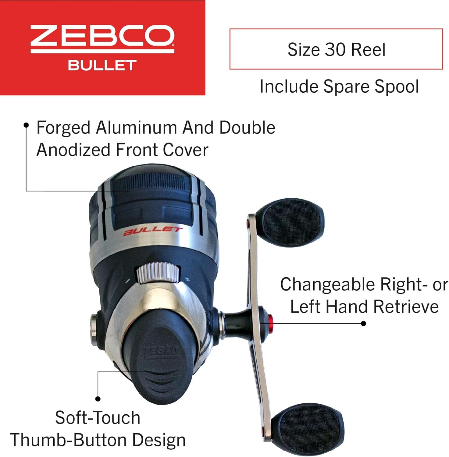 bullet spincast fishing reel, size 30 reel, fast 29.6 inches per turn, gripem all weather handle knobs, pre spooled with 10 pound fishing line, black (2017) bullet spincast fishing reel, size 30 reel, fast 29.6 inches per turn, gripem all weather handle knobs, pre spooled with 10 pound fishing line, black (2017)