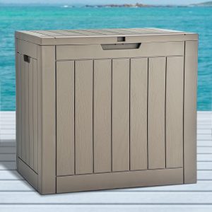 30 gallon outdoor storage box, weatherproof resin deck box with lockable lid, side handles for patio essentials, cushions, garden tools, and pool gear brown