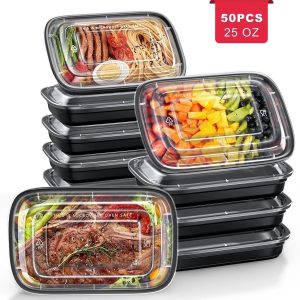 50 pack meal prep containers, 25oz plastic food storage containers with lids to go containers, bento box reusable bpa free lunch boxes, disposable stackable, microwave/dishwasher/freezer safe