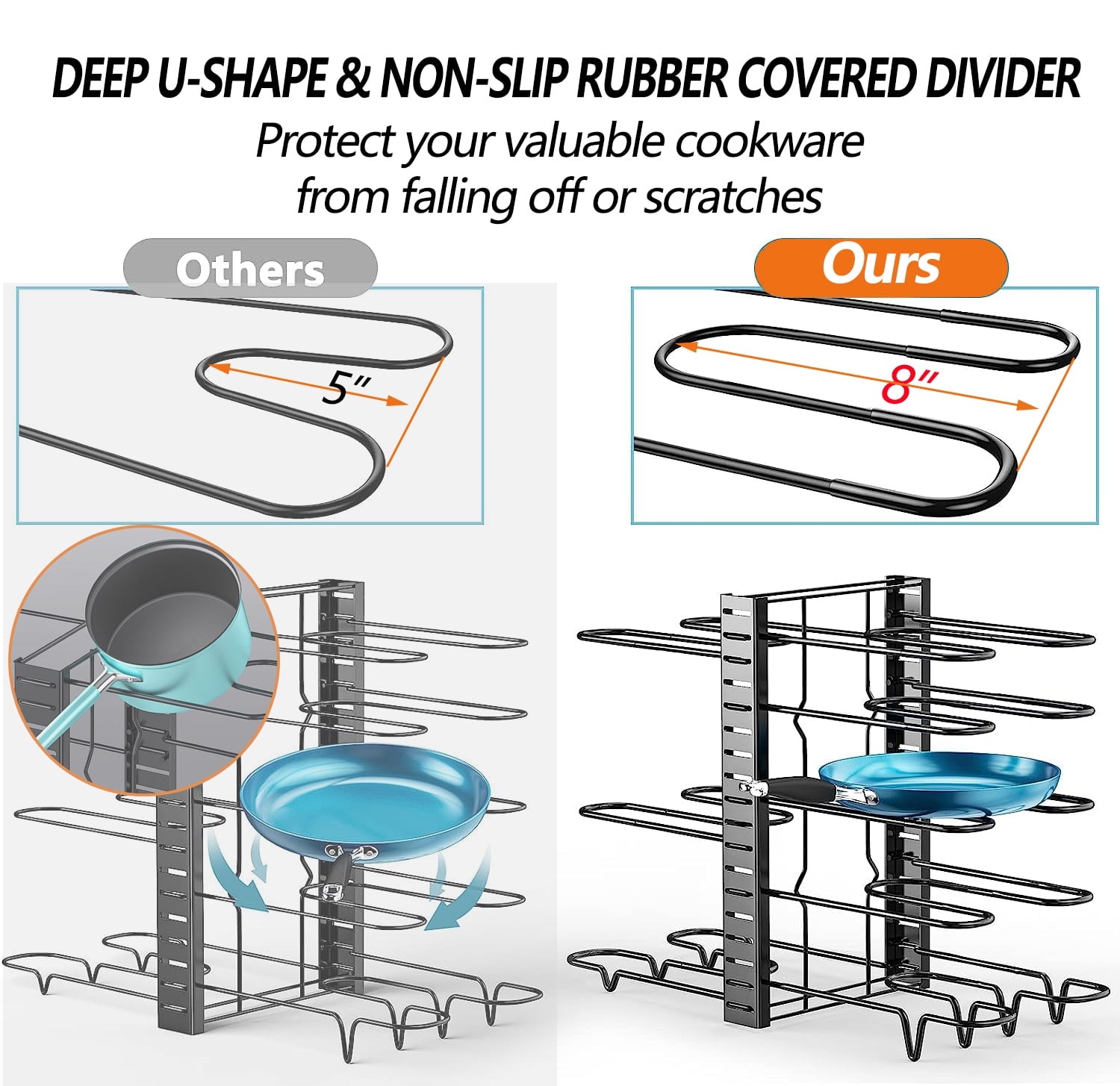 adjustable 8 tier pots and pans organizer rack with heavy duty metal construction and anti slip silicone pads for kitchen cabinet storage solutions adjustable 8 tier pots and pans organizer rack with heavy duty metal construction and anti slip silicone pads for kitchen cabinet storage solutions