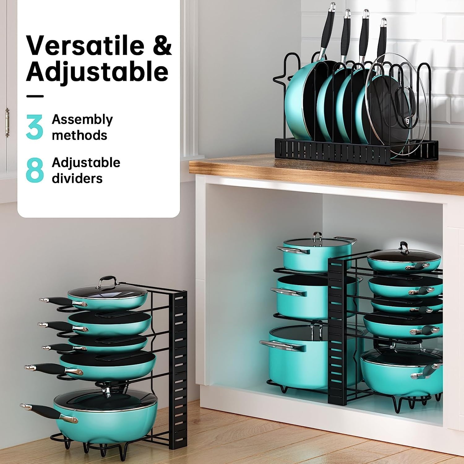 adjustable 8 tier pots and pans organizer rack with heavy duty metal construction and anti slip silicone pads for kitchen cabinet storage solutions adjustable 8 tier pots and pans organizer rack with heavy duty metal construction and anti slip silicone pads for kitchen cabinet storage solutions