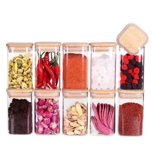 10 pcs glass spice jars 8oz clear empty square food storage containers with bamboo airtight lid and labels thicken small glass canister