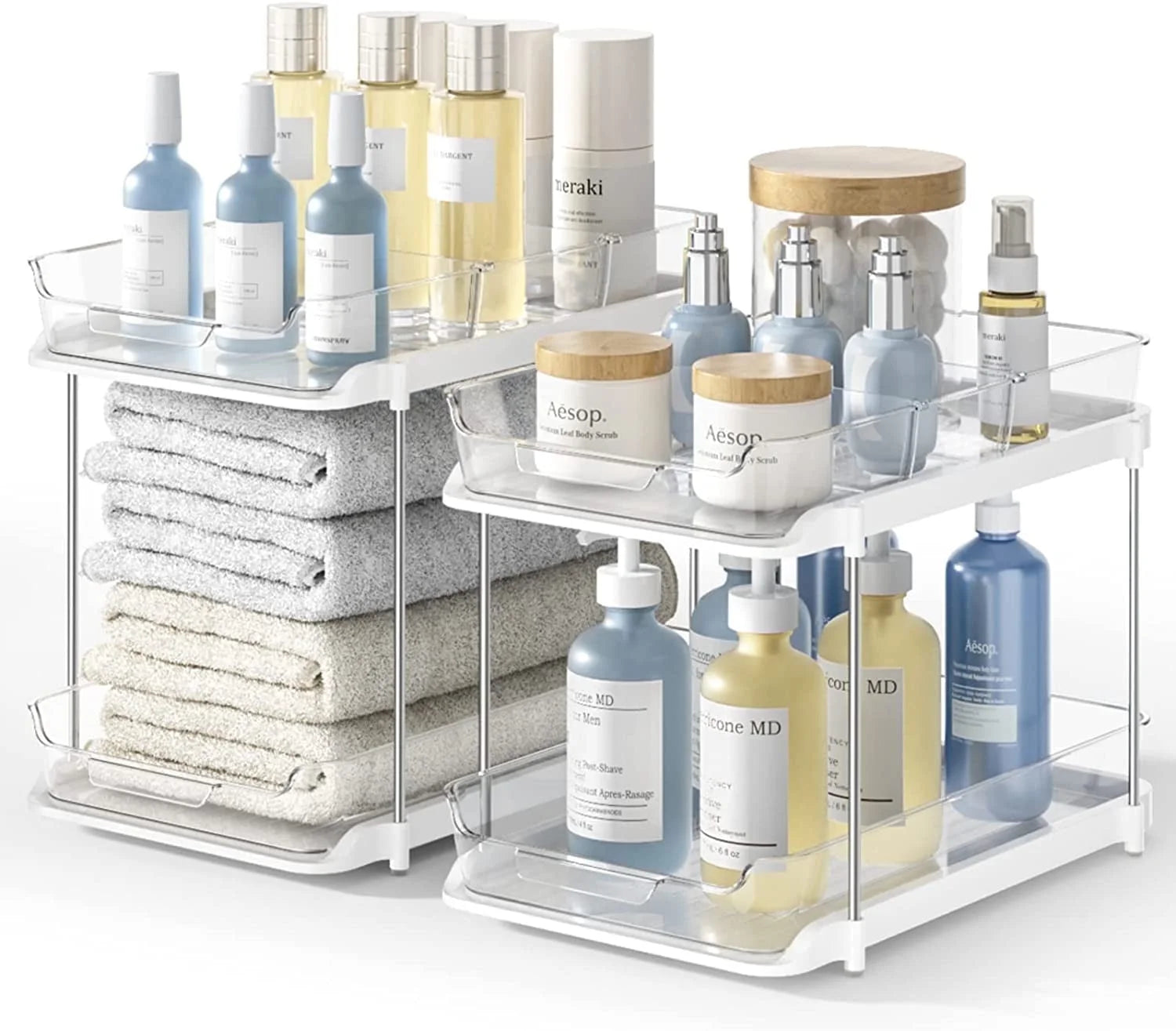 2 pack set under sink organizers and storage, 2 tier sliding bathroom sink organizer, multi use under kitchen cabinet storage shelf (s&l), transparent 2 pack set under sink organizers and storage, 2 tier sliding bathroom sink organizer, multi use under kitchen cabinet storage shelf (s&l), transparent