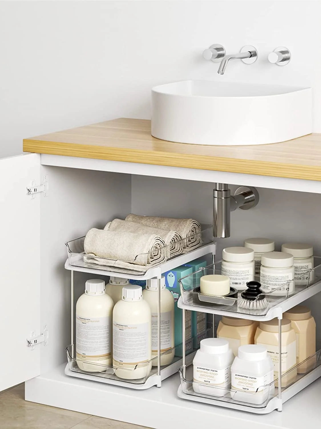 2 pack set under sink organizers and storage, 2 tier sliding bathroom sink organizer, multi use under kitchen cabinet storage shelf (s&l), transparent 2 pack set under sink organizers and storage, 2 tier sliding bathroom sink organizer, multi use under kitchen cabinet storage shelf (s&l), transparent