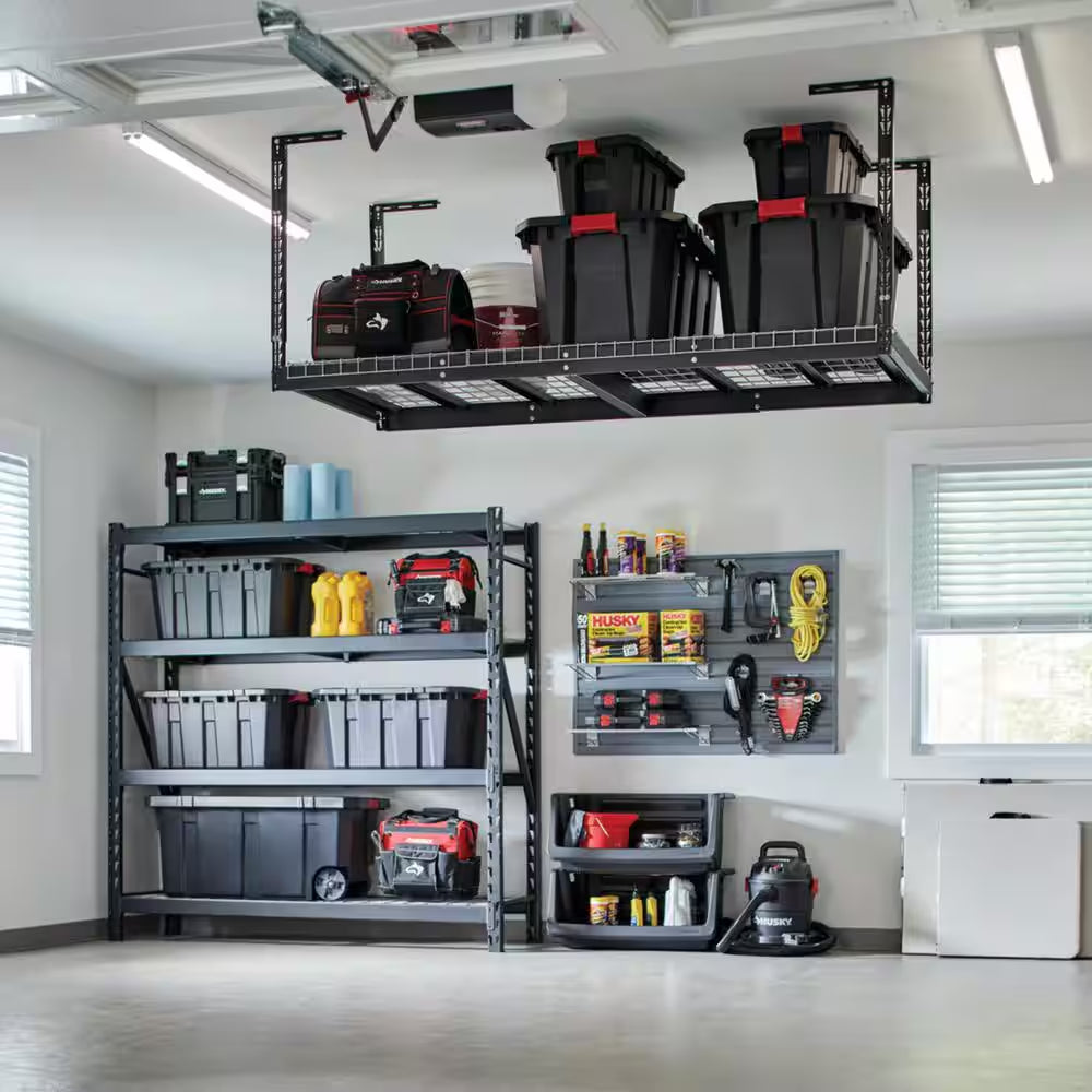97.5 in. w x 43.75 in. h x 32 in. d adjustable height metal heavy duty overhead garage storage rack in black 97.5 in. w x 43.75 in. h x 32 in. d adjustable height metal heavy duty overhead garage storage rack in black